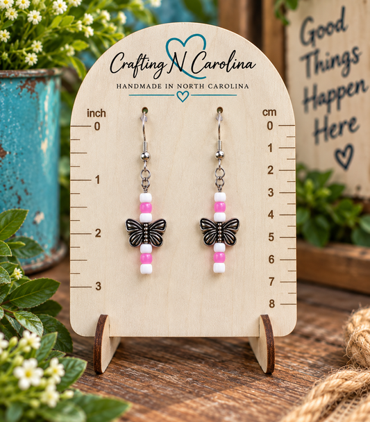 Pink Flutter Handmade Earrings | Silver Butterfly Dangle Earrings
