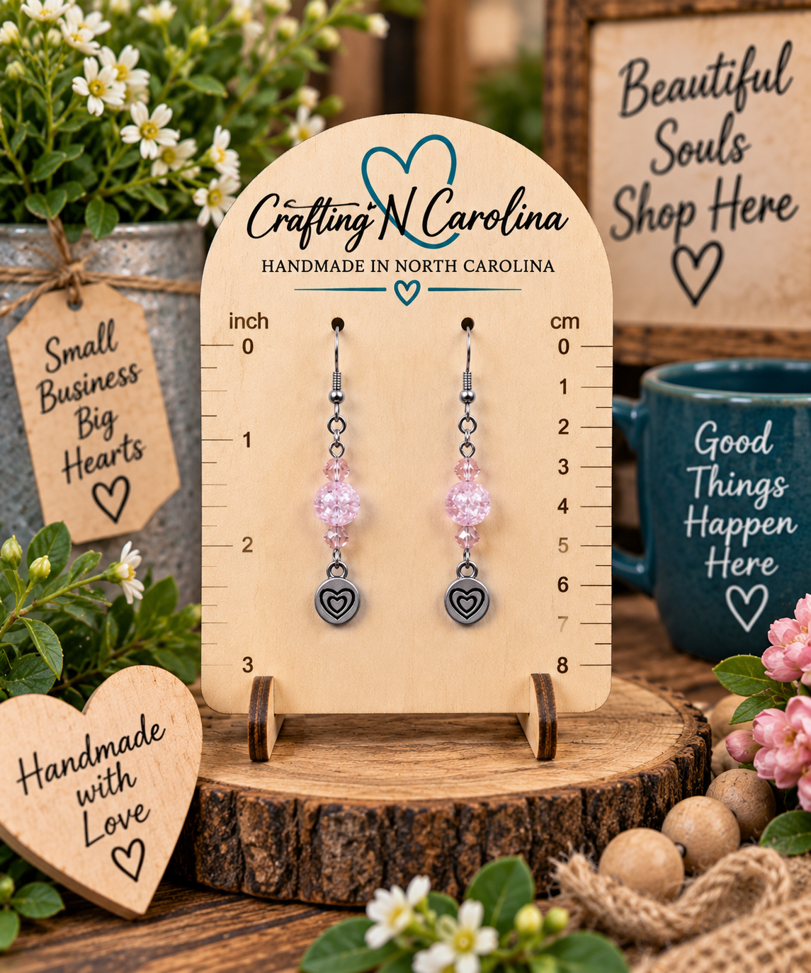 Pink Heart Glow Handmade Earrings | Pink & Silver Heart Dangle Earrings